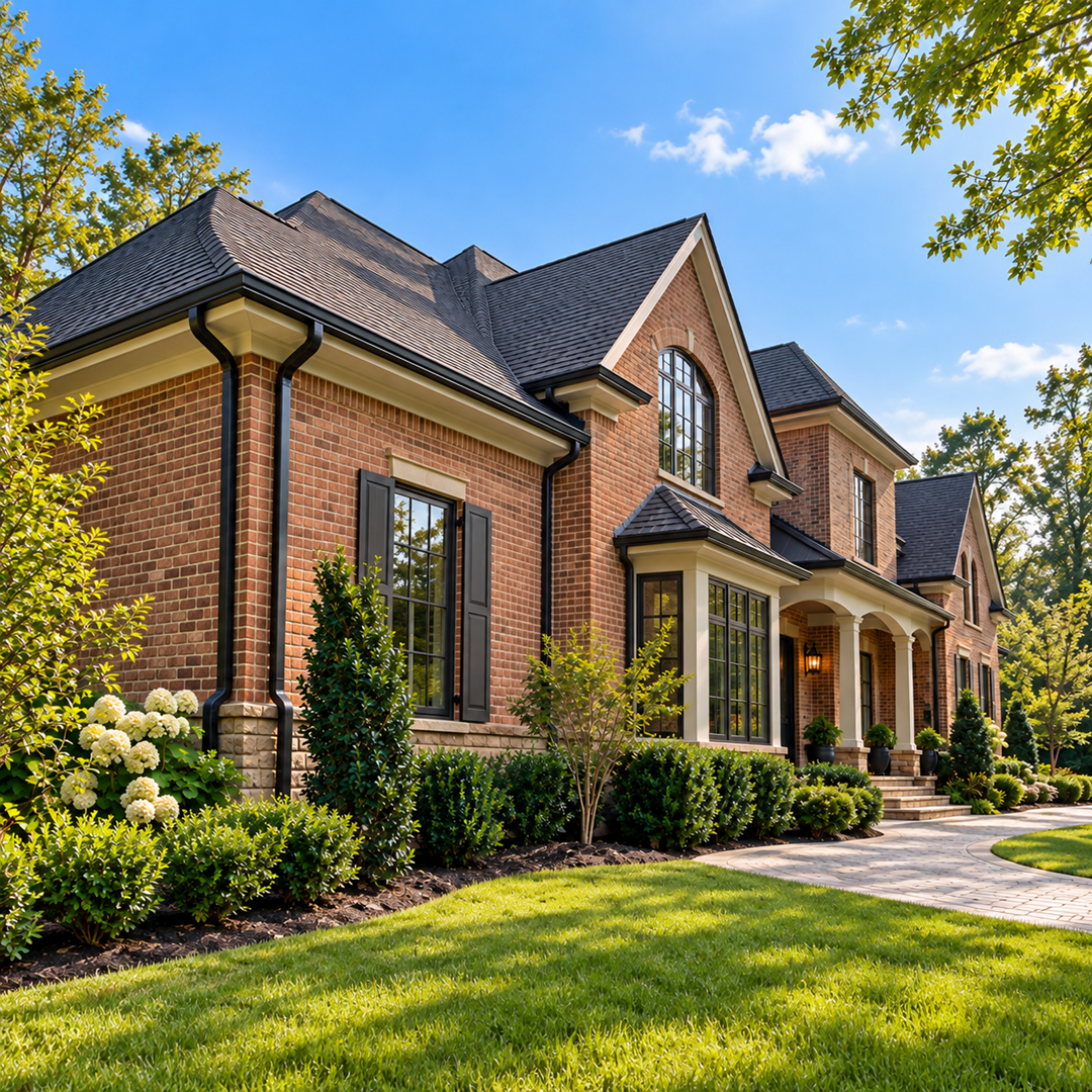 Illustrative gutter installation and downspouts