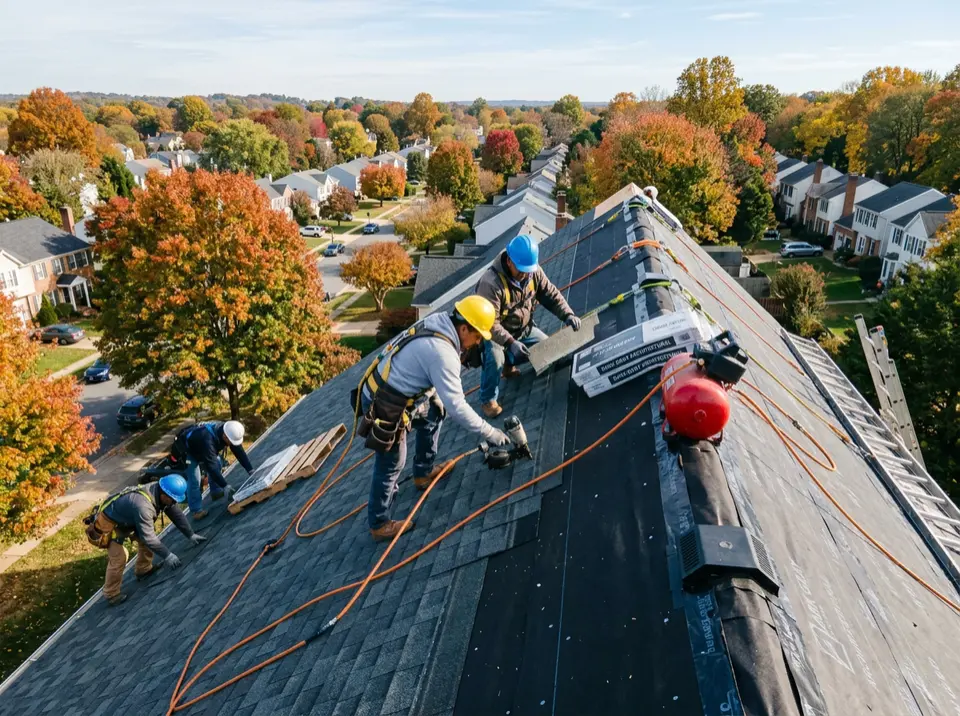Professional roofing crew installing new architectural shingles on a residential roof on a clear fall morning