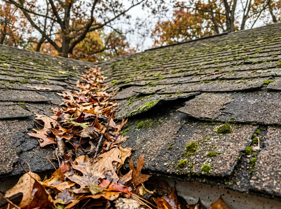 Close-up of an aging asphalt shingle roof with curling shingles, moss and fallen autumn leaves packed into a roof valley