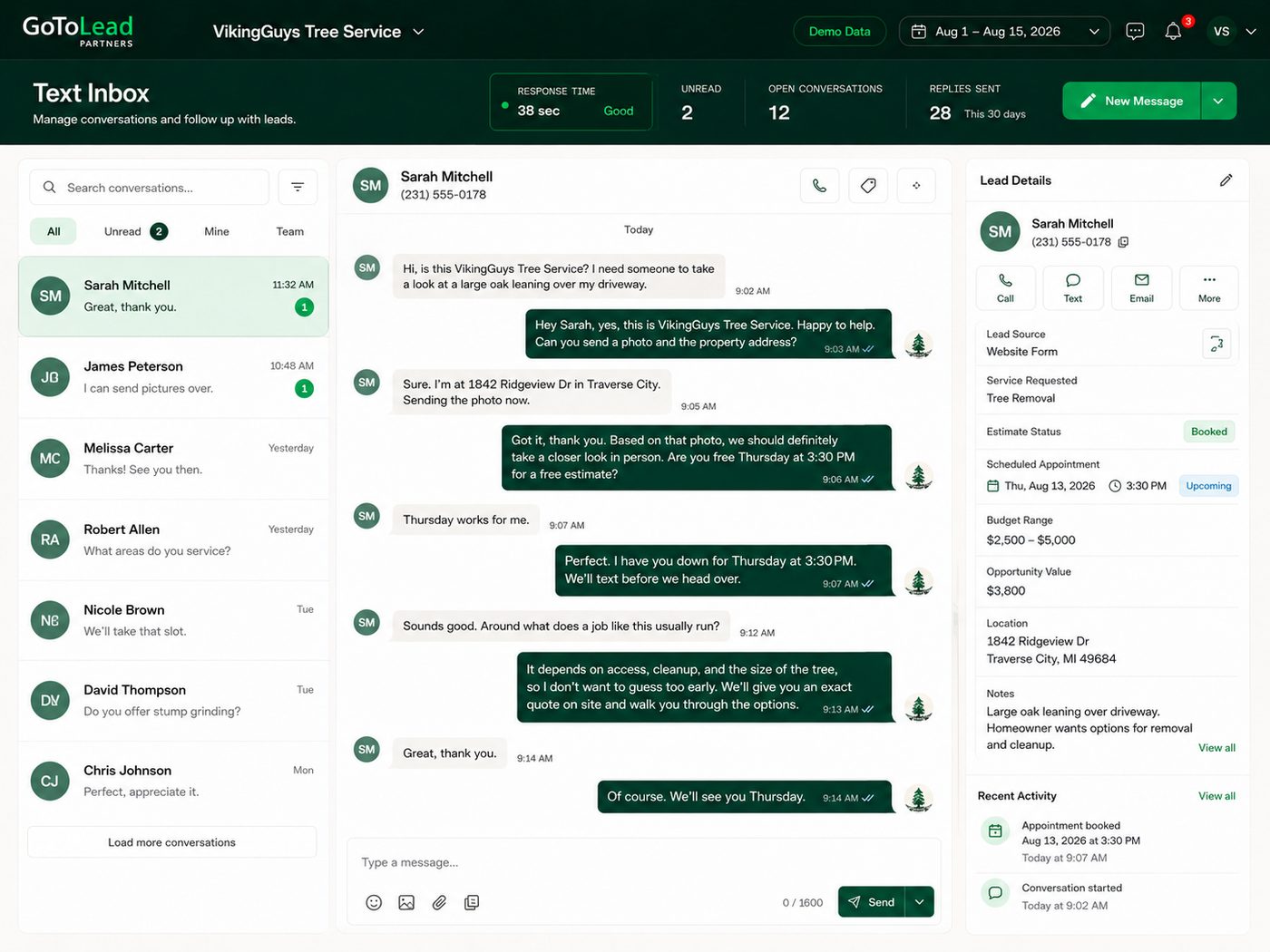 Example conversations inbox with a lead's text thread