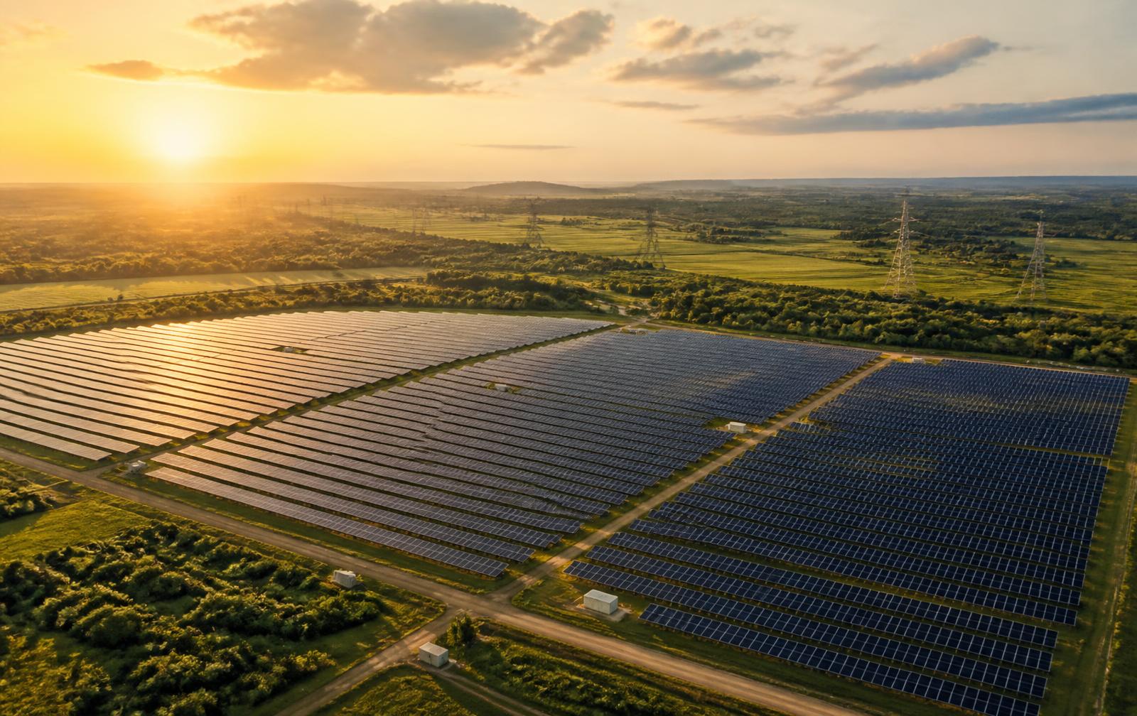 Usina de energia solar ao pôr do sol