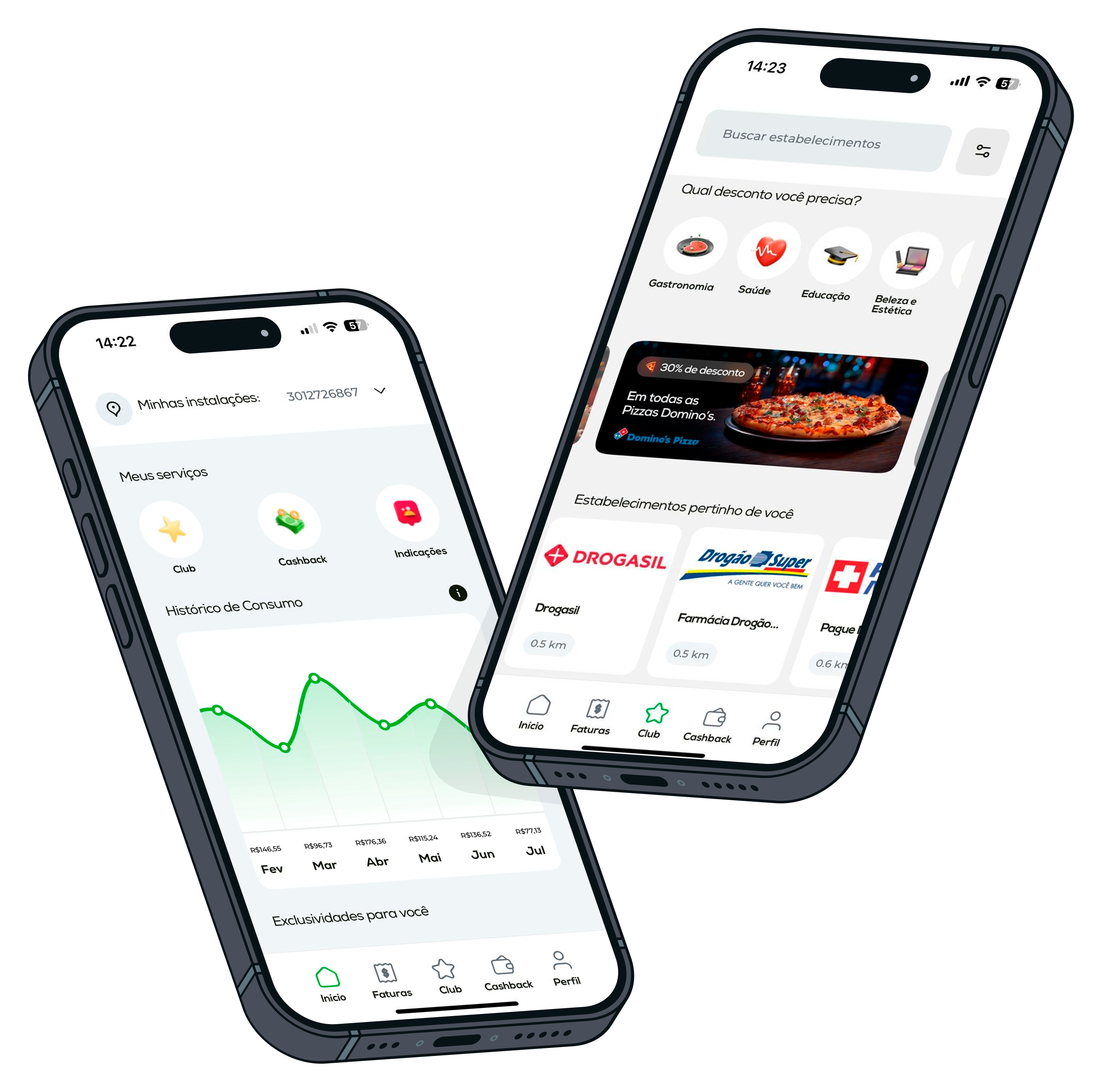 Aplicativo iGreen Club exibido em dois celulares