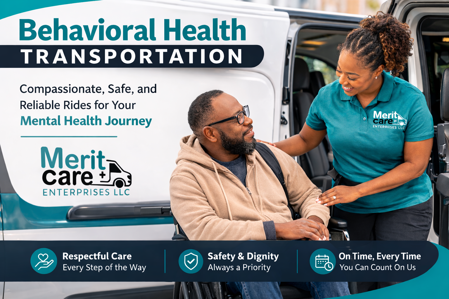 Behavioral health transportation blog banner showing a calm Merit Care Enterprises team member supporting a client beside a teal transport vehicle in Baltimore, Maryland.