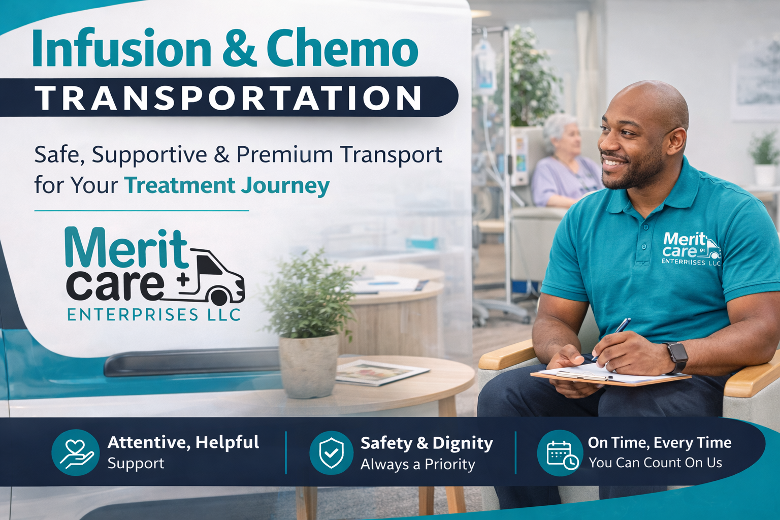nfusion and chemo transportation banner for Merit Care Enterprises LLC showing a professional team member waiting in a treatment center while a client receives infusion care in the background. nfusion and chemo transportation banner for Merit Care Enterprises LLC showing a professional team member waiting in a treatment center while a client receives infusion care in the background.