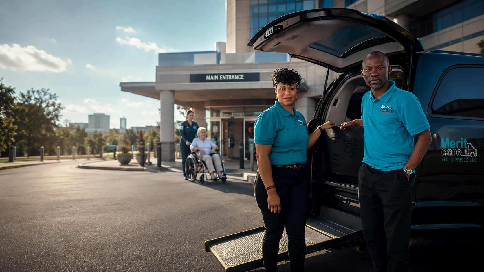 Merit Care founders Rita and Meshach Aneke with a client and their accessible vehicle