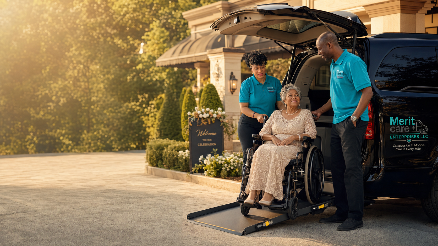 Wheelchair-accessible Merit Care vehicle providing non-emergency medical transportation for outpatient appointments in the Baltimore area