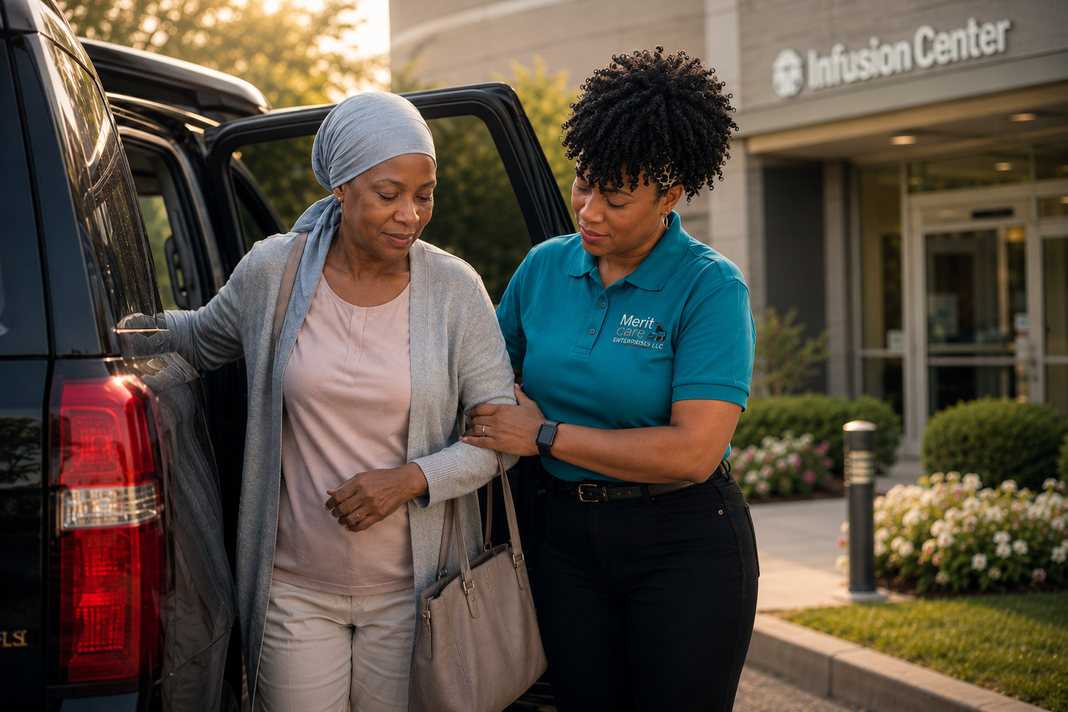A Merit Care driver helping a client arrive at the infusion center entrance