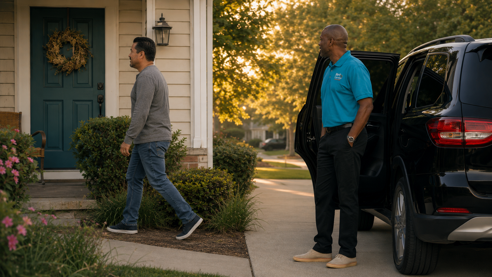 A Merit Care driver walking a client toward an outpatient behavioral health center entrance