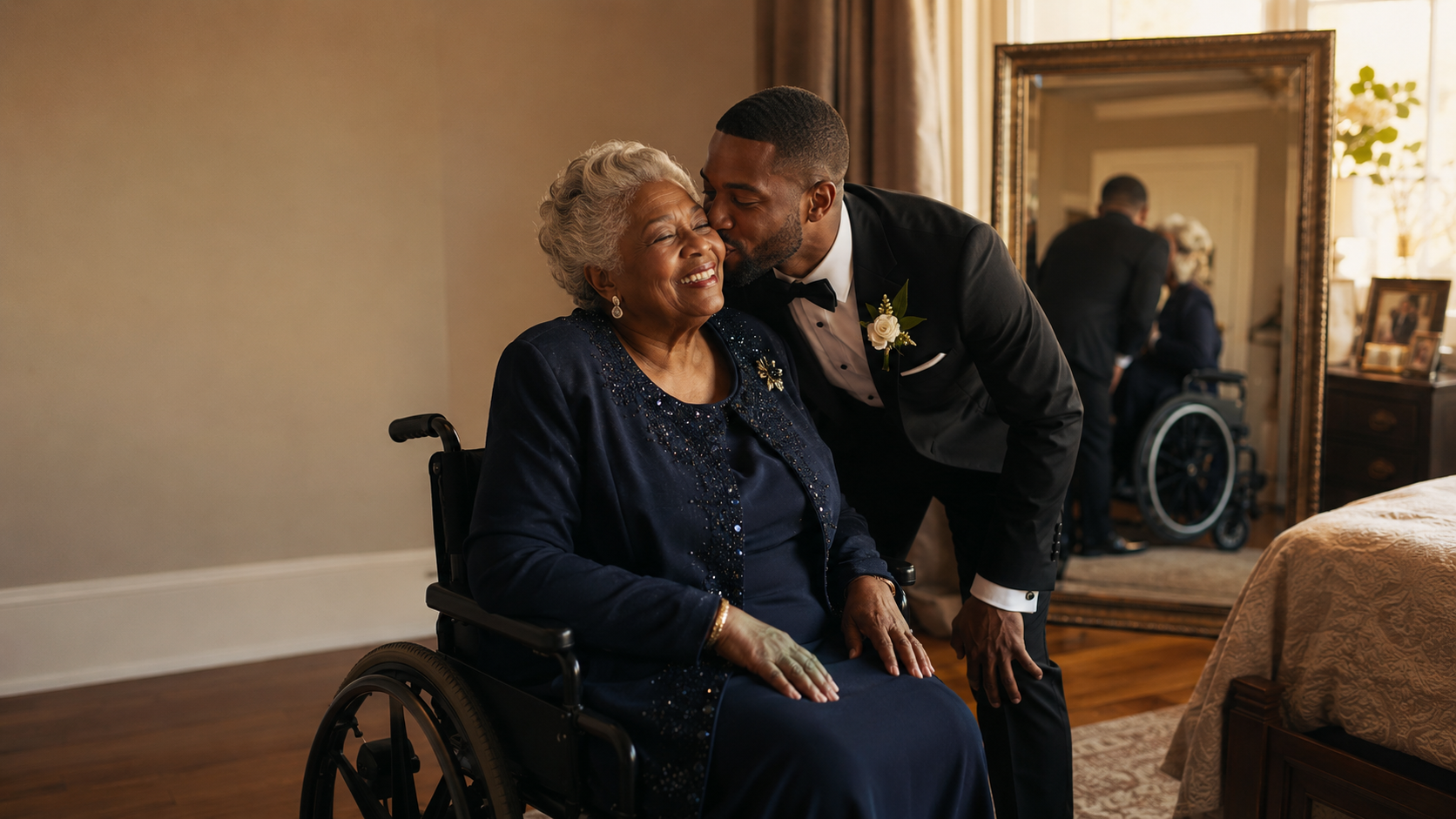 A grandmother in her wheelchair getting ready with her grandson on his wedding day