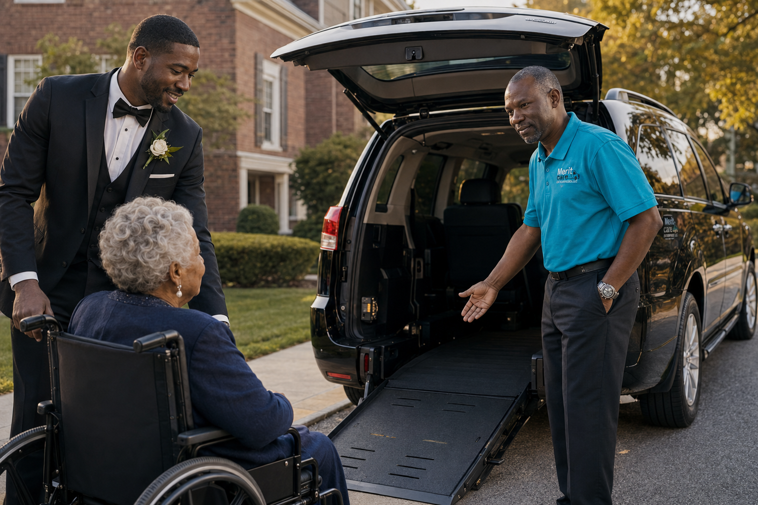 A wheelchair-accessible vehicle arriving for the grandmother’s wedding-day pickup