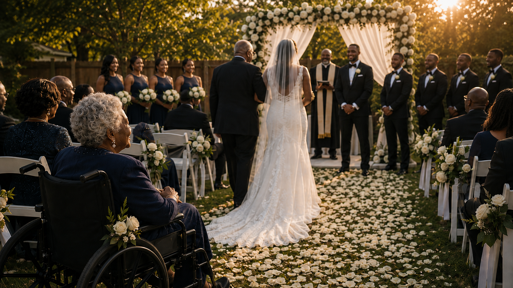 The grandmother seated in the front row as her grandson’s wedding begins