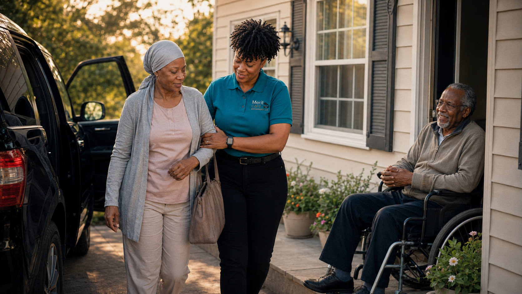 A Merit Care driver helping a woman home after her chemotherapy treatment, her husband waiting at the door