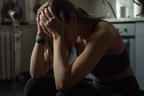 Person sitting in a gym feeling emotionally exhausted and frustrated during a weight loss and fitness journey, representing stress, burnout, and stalled progress.