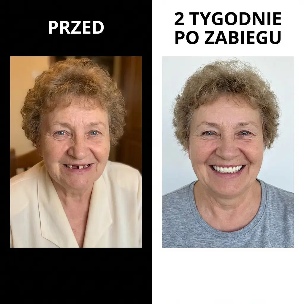 Starsza kobieta po zabiegu, uśmiechnięta, zwyczajnie ubrana - emerytka / pracownica handlu