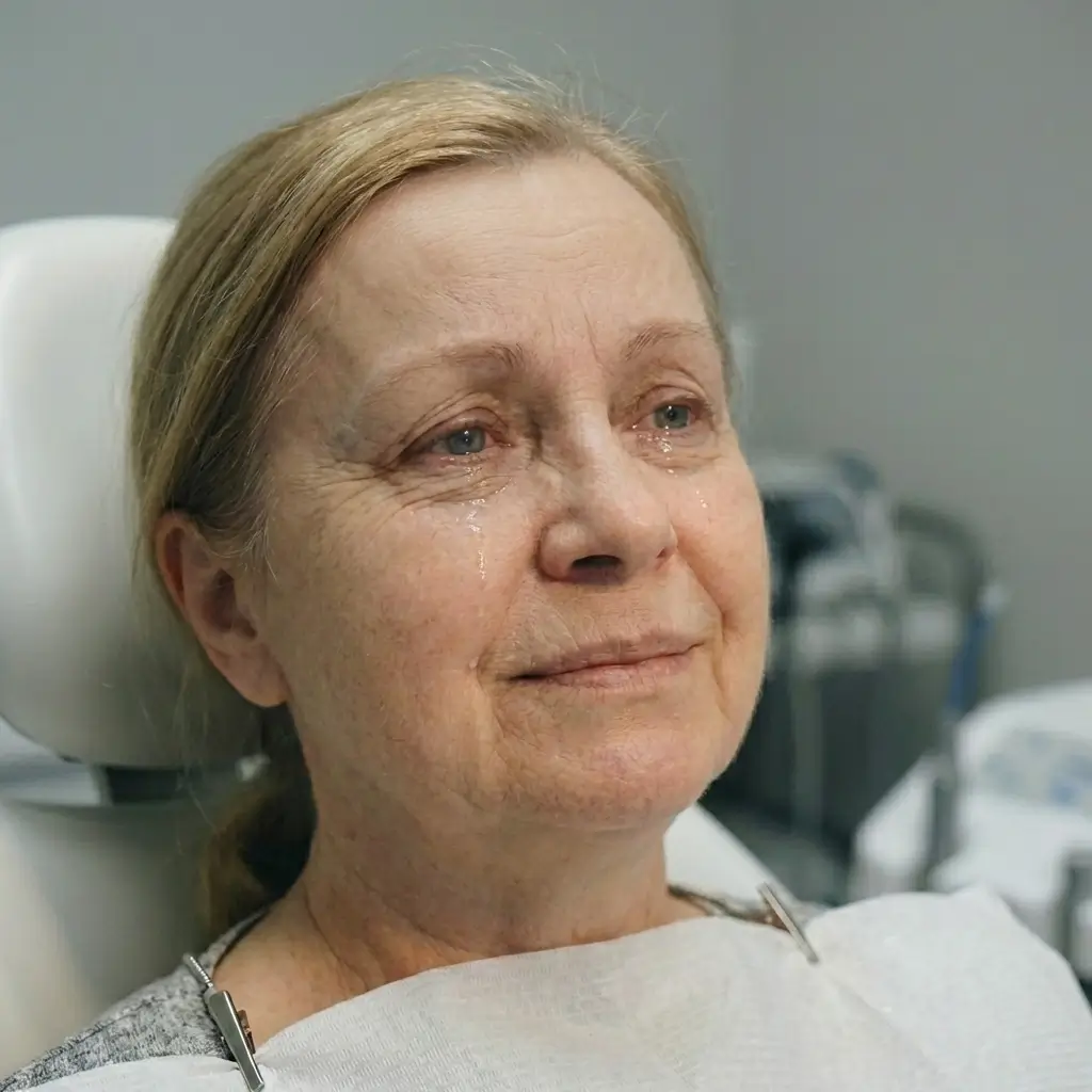 Kobieta ok. 65 lat, zdjęcie portretowe, naturalne ujęcie, raczej zamyślona/zatroskana twarz