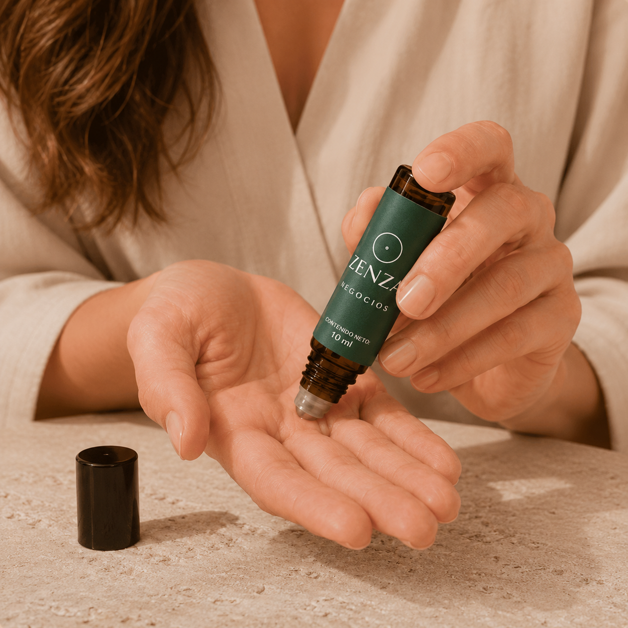 Aplicación de Zenza Negocios con roll-on sobre la palma de la mano
