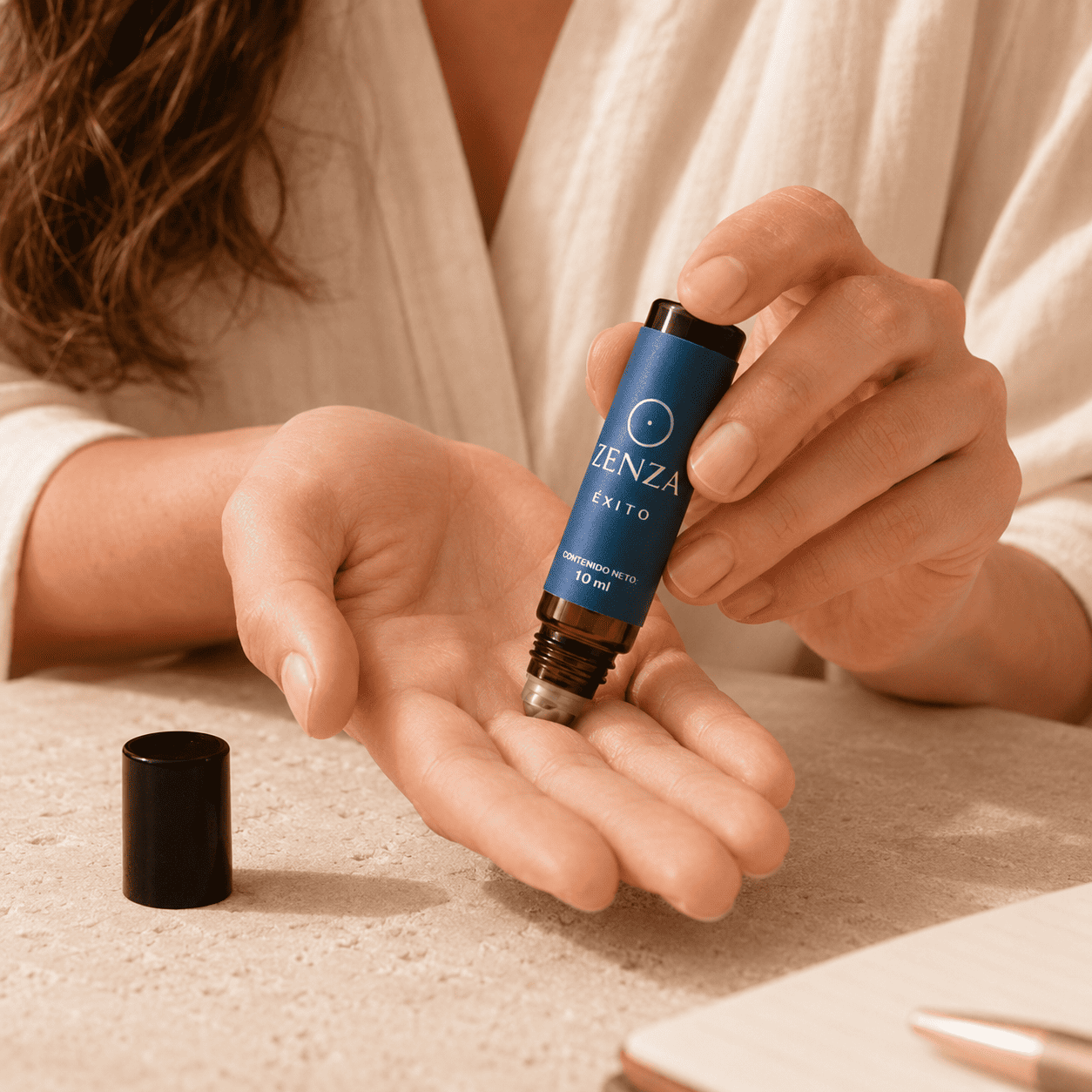 Aplicación de Zenza Éxito con el roll-on sobre la palma de la mano