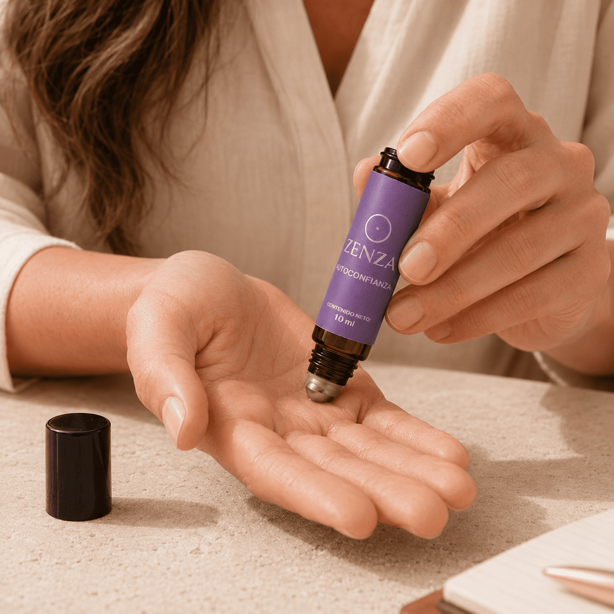 Aplicación de Zenza Autoconfianza con roll-on sobre la palma de la mano