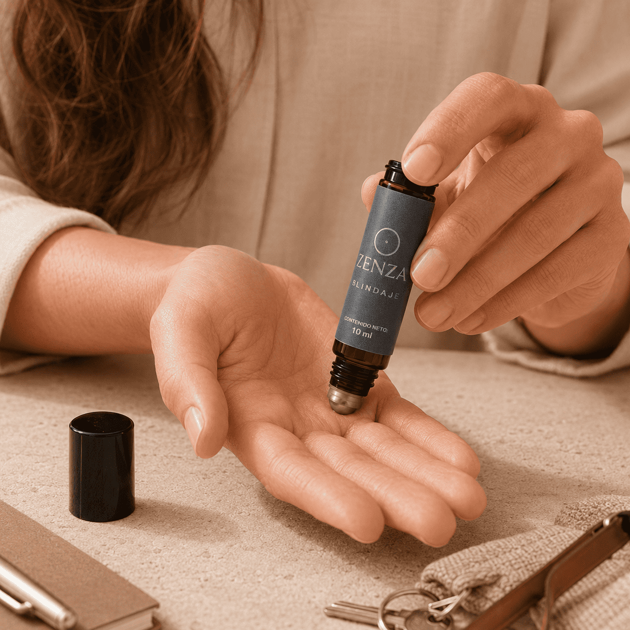 Aplicación de Zenza Blindaje con roll-on sobre la palma de la mano