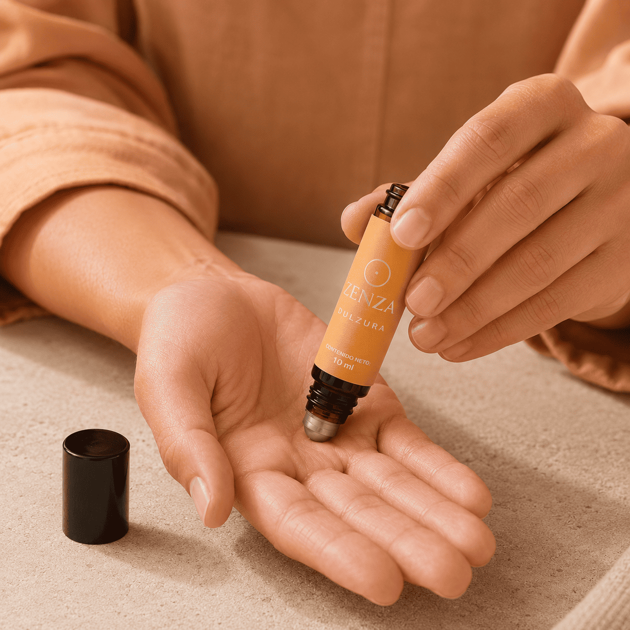 Aplicación de Zenza Dulzura con roll-on sobre la palma de la mano