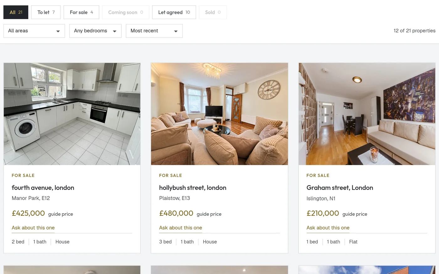 Property listings with area and bedroom filters on the LLH Residential website
