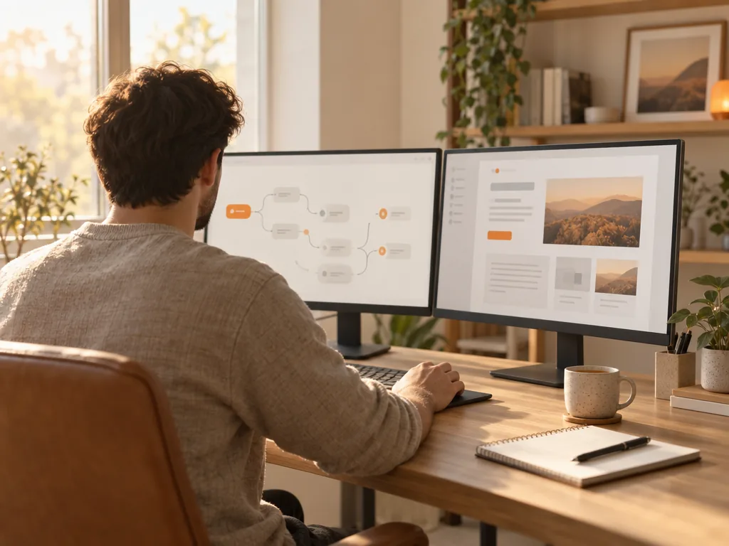 Gary at his desk with a workflow on one screen and a website build on the other