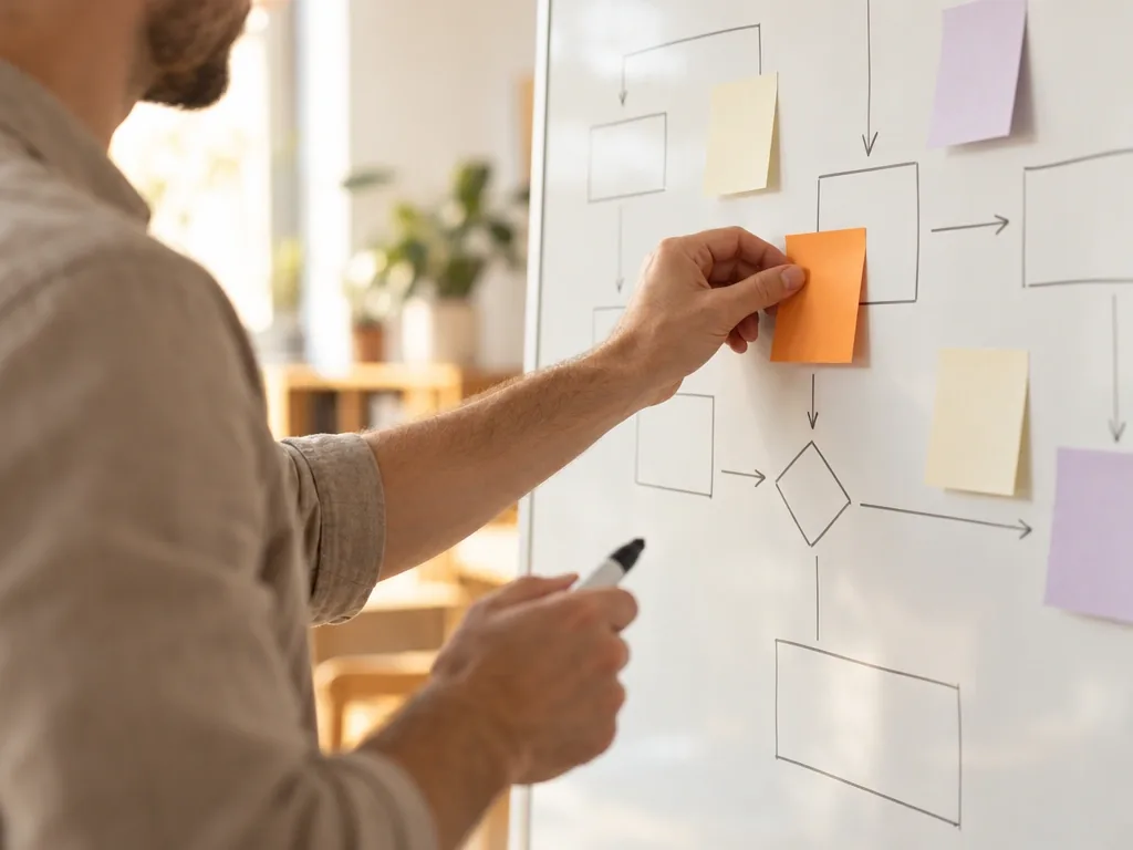 Mapping out a process on a whiteboard with sticky notes before the build starts