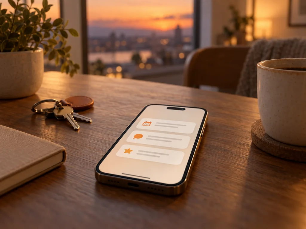 A phone on a table in the evening showing a new booking, a message and a review