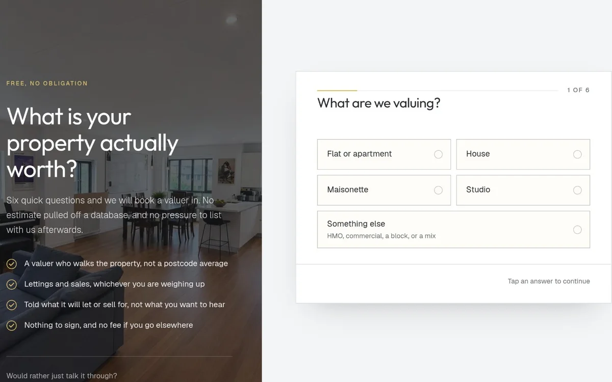 The six-step valuation form built for LLH Residential