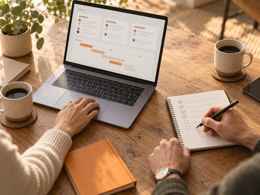 Two people planning a project together at a table