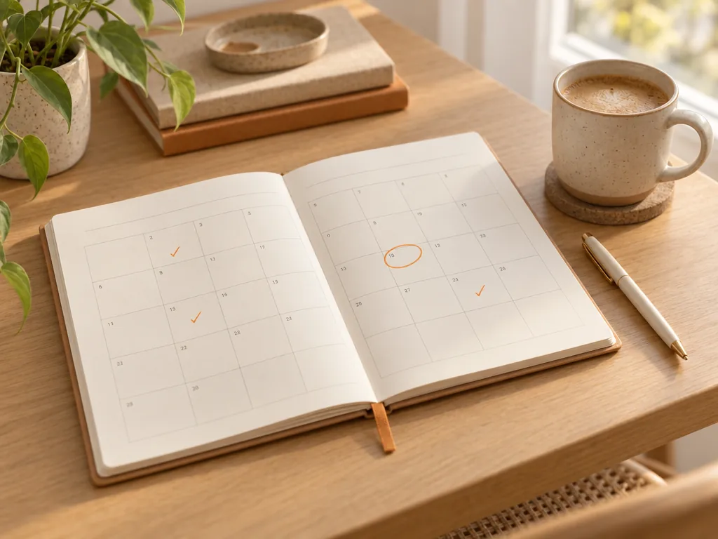 A monthly planner with the review date circled