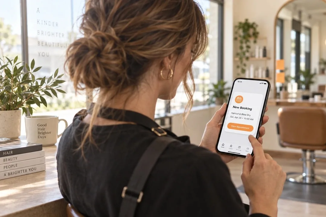 A salon owner checking a new booking on her phone