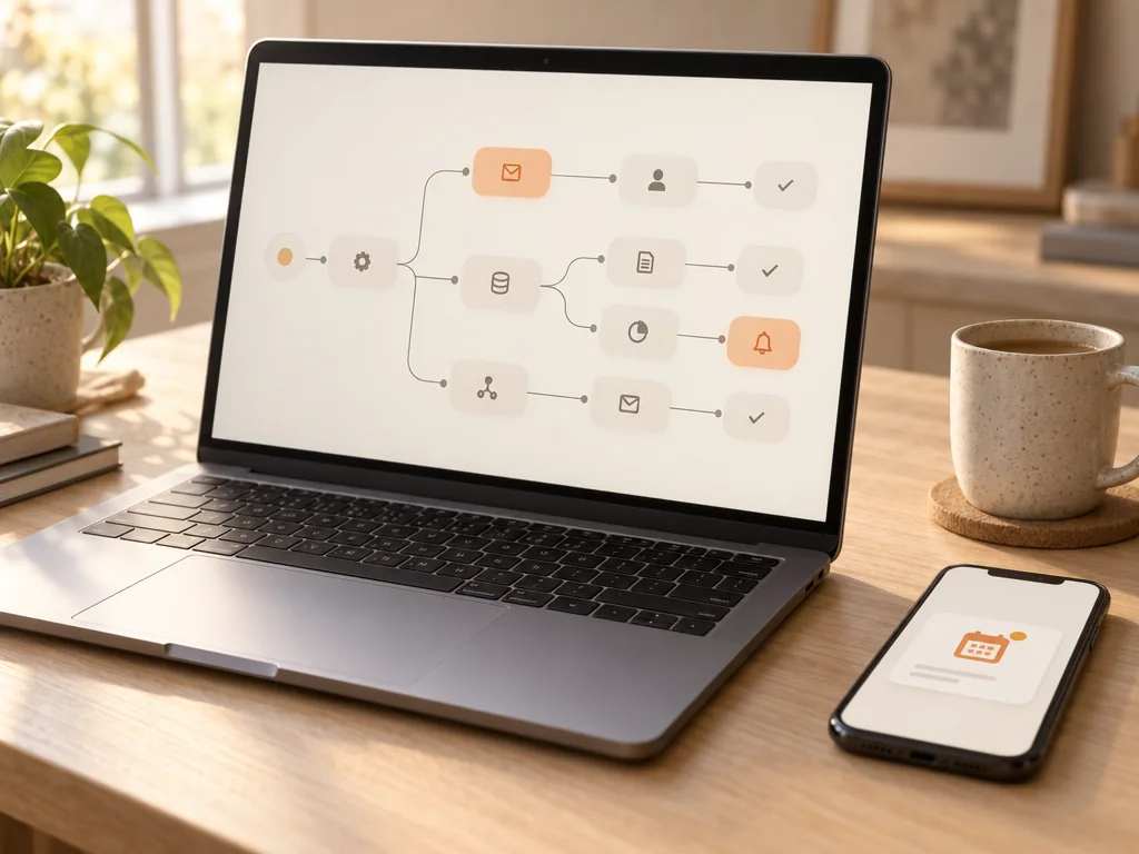 An automation workflow on a laptop with a new booking arriving on a phone