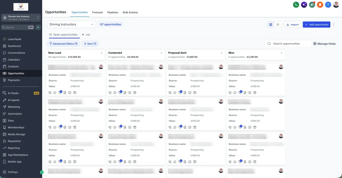 A GoHighLevel sales pipeline with new lead, contacted, proposal sent and closed stages