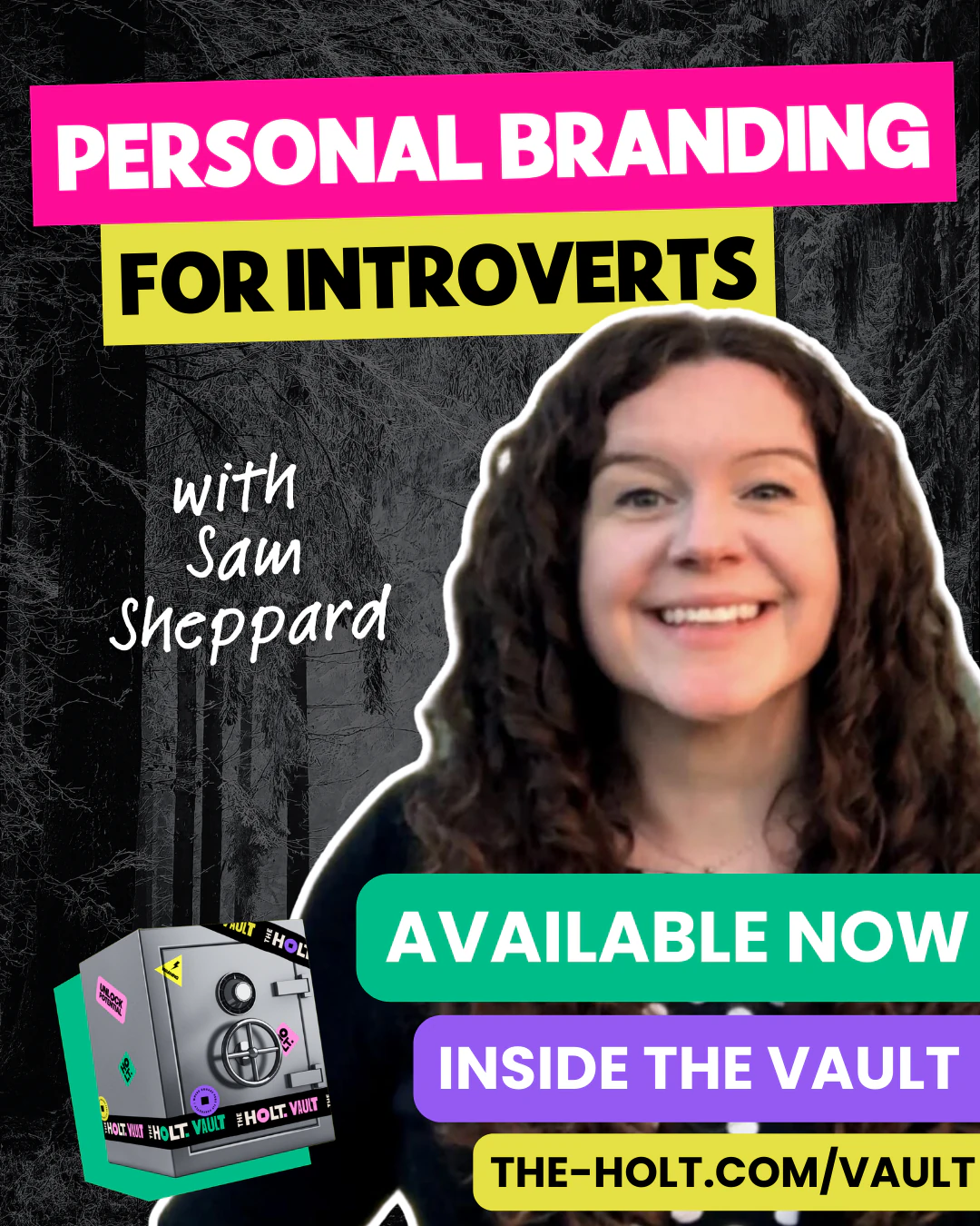 A promotional poster for a masterclass titled 'Personal Branding for Introverts' with Sam Sheppard, featuring a smiling woman with curly hair, a vault illustration, and text indicating the masterclass is available now inside the vault at the-holt.com/vault.