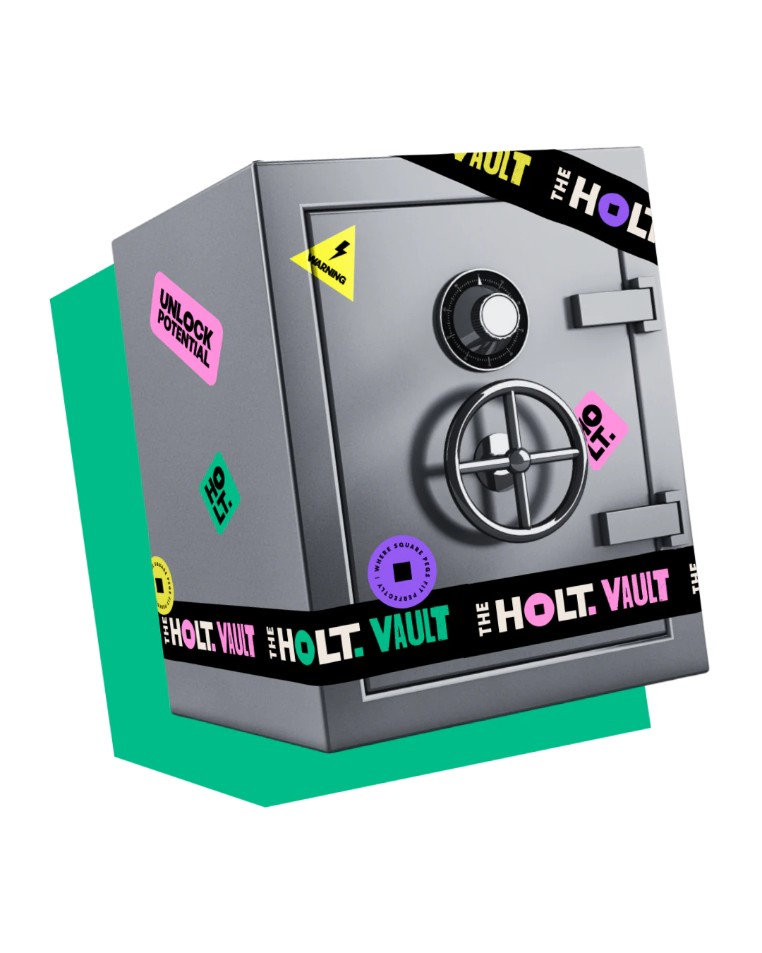 The HoLT Vault safe, covered in stickers