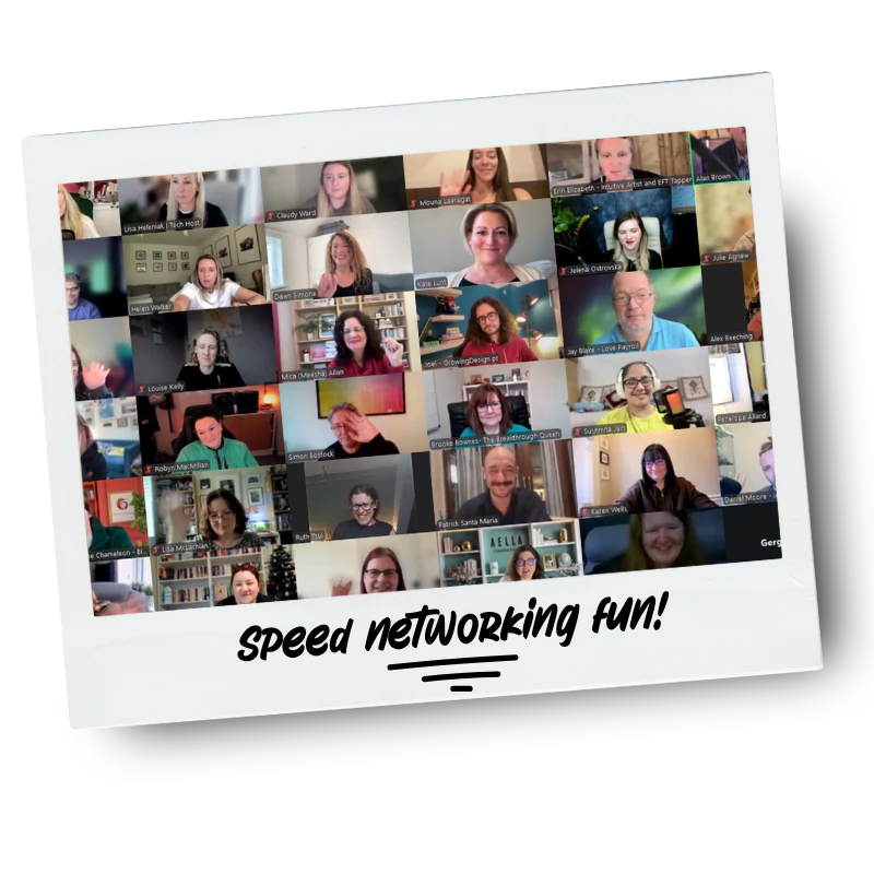 Screen capture of a virtual networking event with many participants on a video call, labeled as 'speed networking fun!'