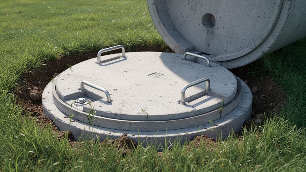 Septic tank lid and cover in residential lawn