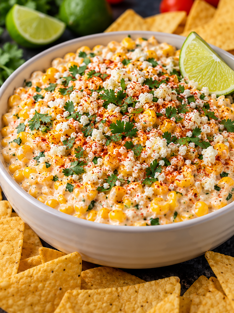 Hand dipping a tortilla chip into warm Mexican street corn dip Hand dipping a tortilla chip into warm Mexican street corn dip