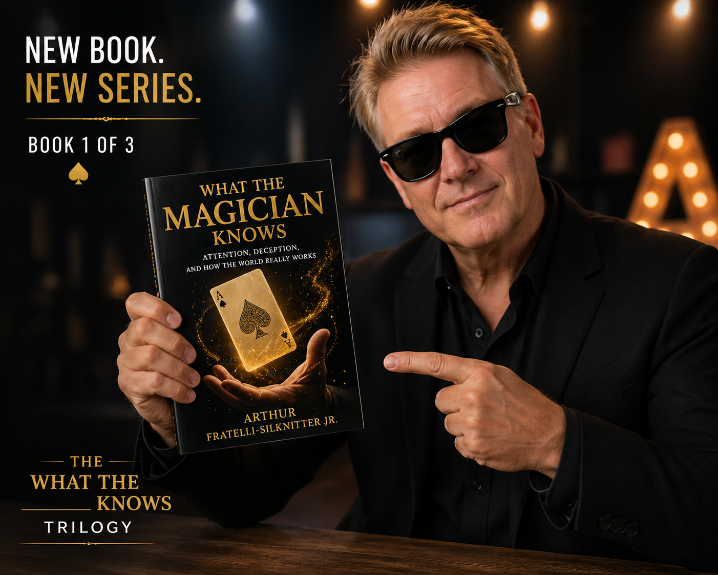 The Amazing Arthur Fratelli-Silknitter with his Book What the Magician Knows