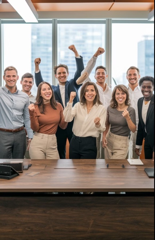 Team collaborating around digital tools and dashboards, representing Copilot Agency's mission.