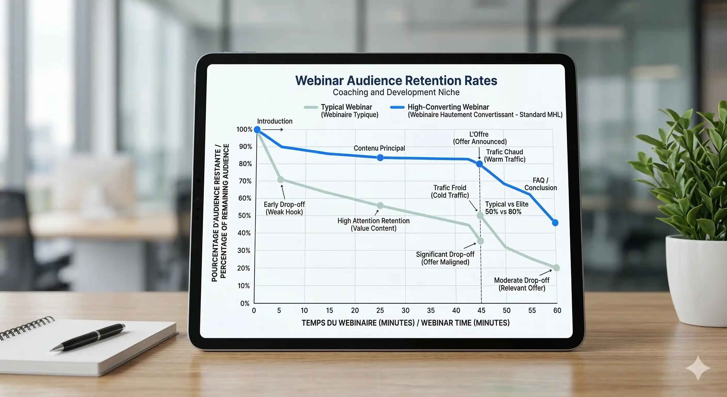 Infographie comparative sur la rétention webinaire et la chute d'audience en 2026