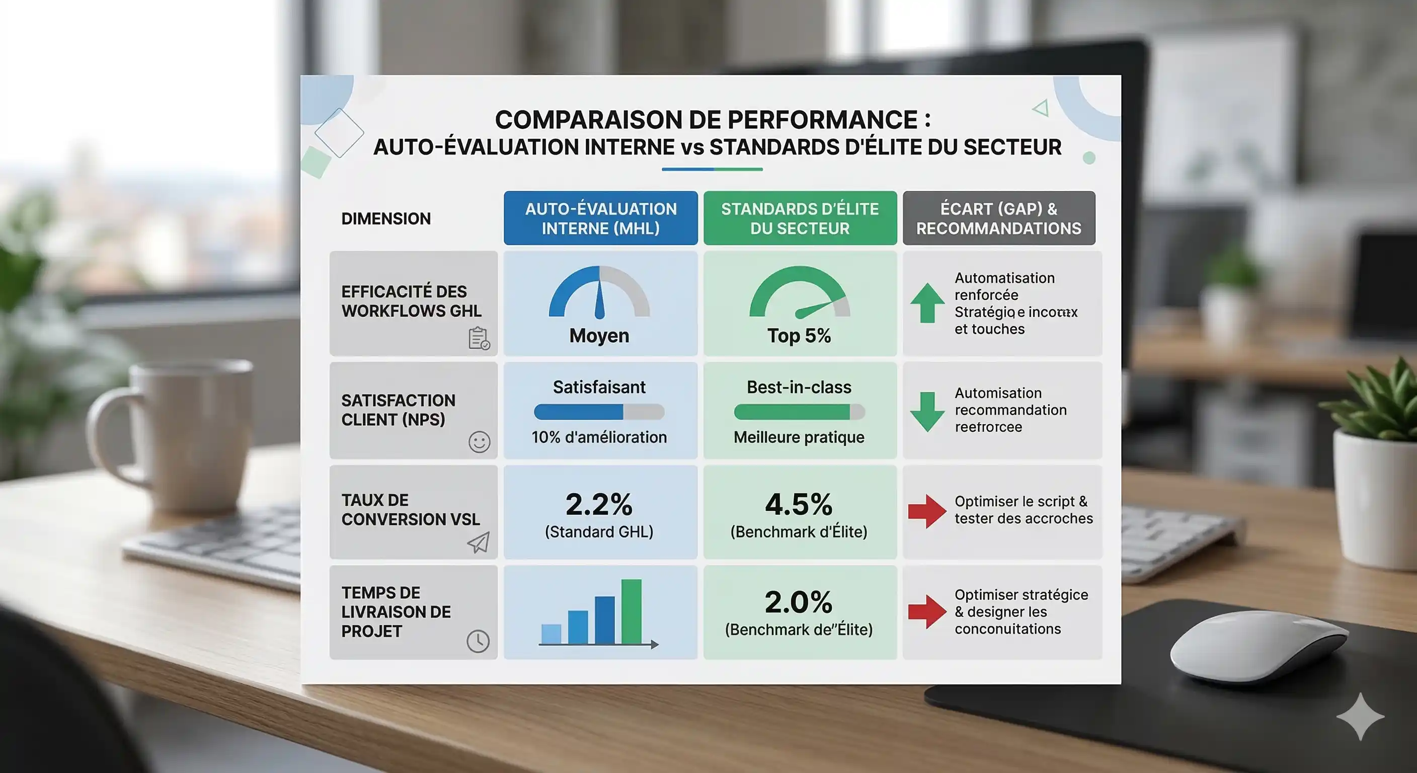 Schéma de philosophie data et benchmark de conversion marketing sur GoHighLevel