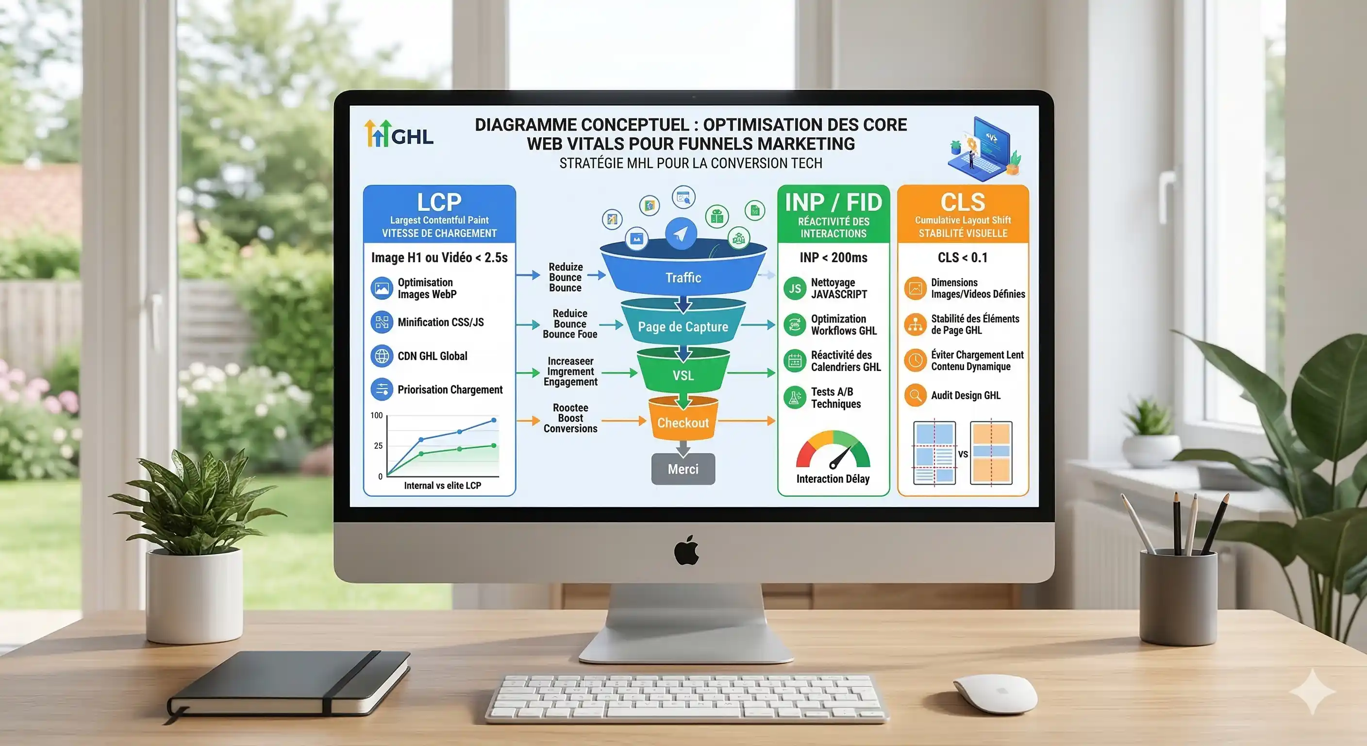 Schéma des Core Web Vitals appliqués à un tunnel de vente GoHighLevel