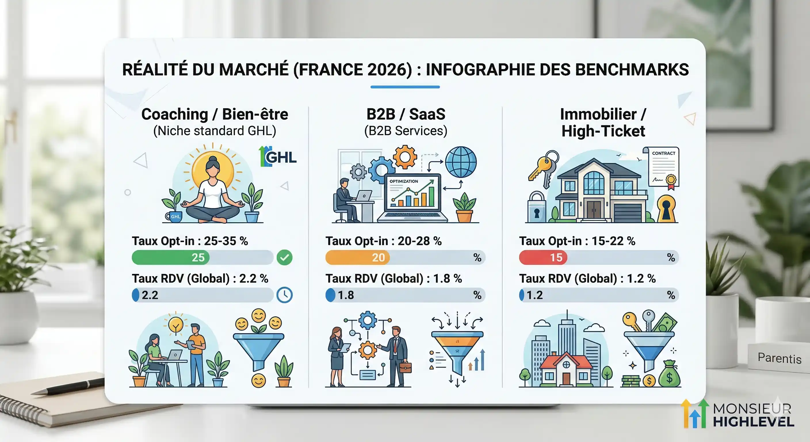 Infographie benchmarks conversion tunnel de vente France 2026 coaching B2B immobilier