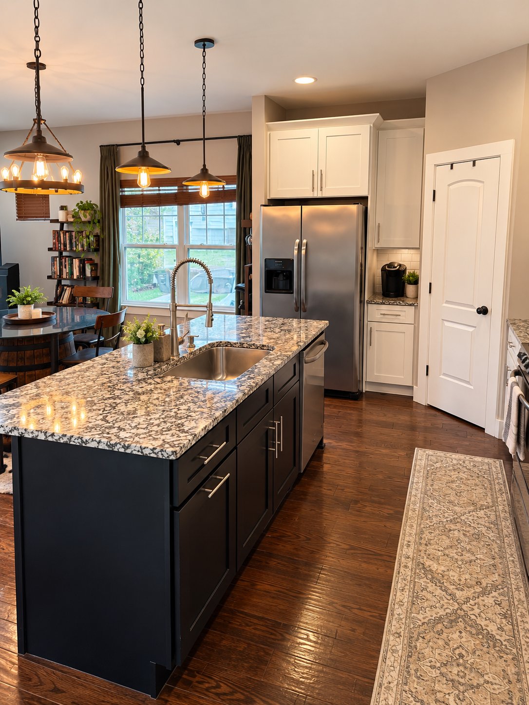 Kitchen island with dining area and pantry
