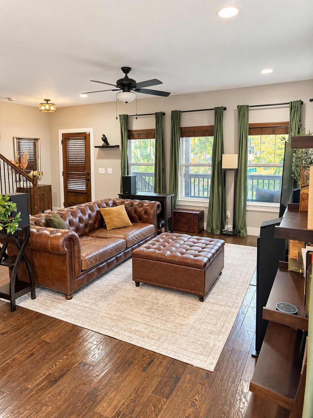 Living room with tufted leather sofa