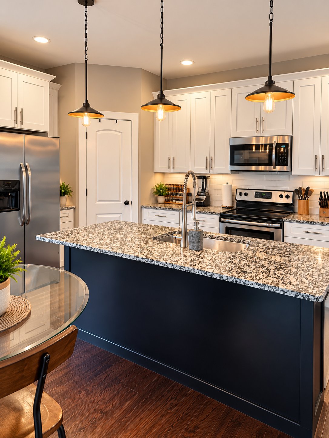 Kitchen with granite island and pendant lights