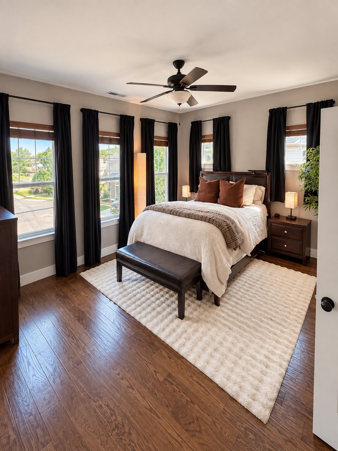 Primary bedroom with ceiling fan and large windows