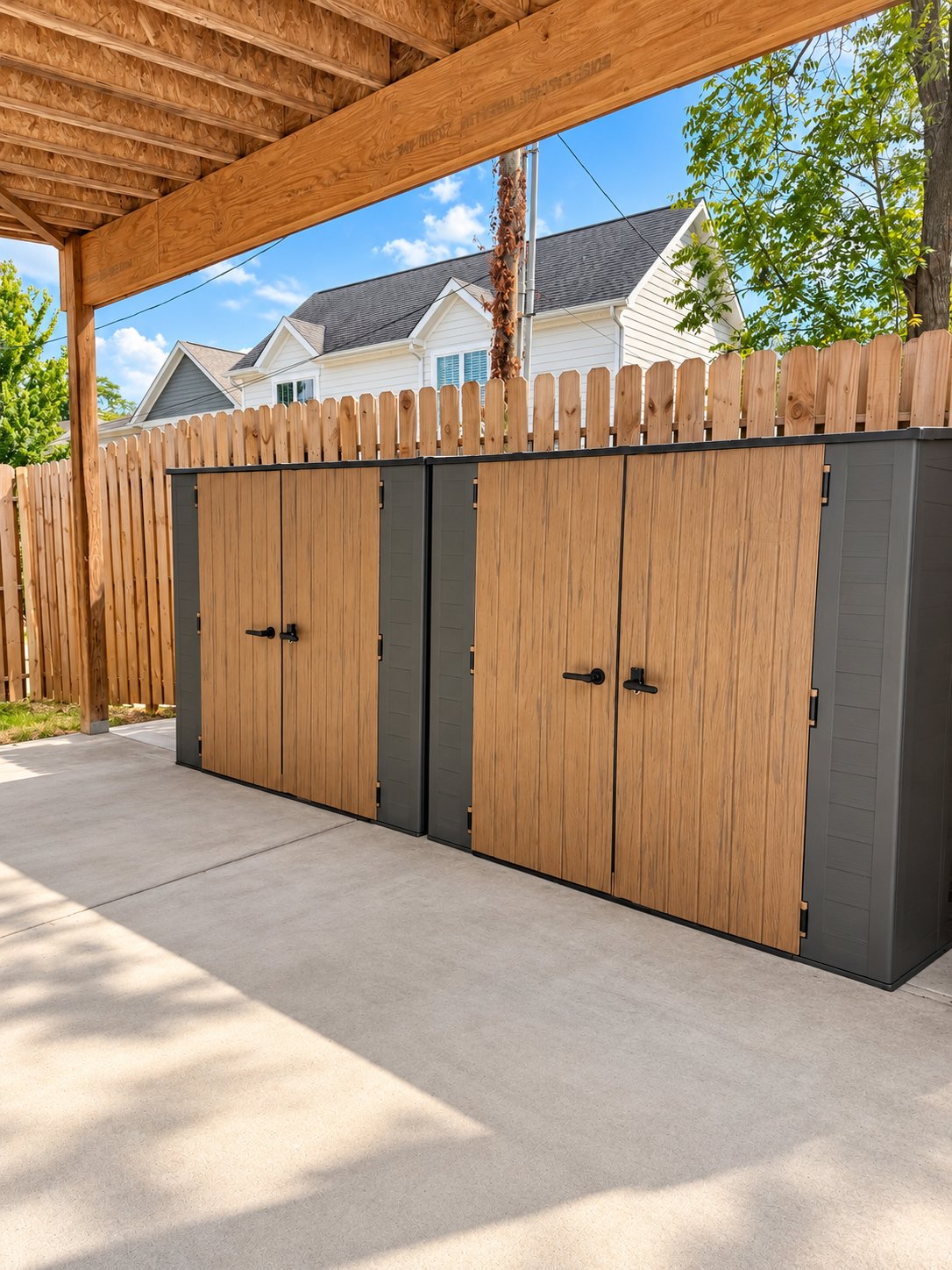 Two locked storage sheds under the carport